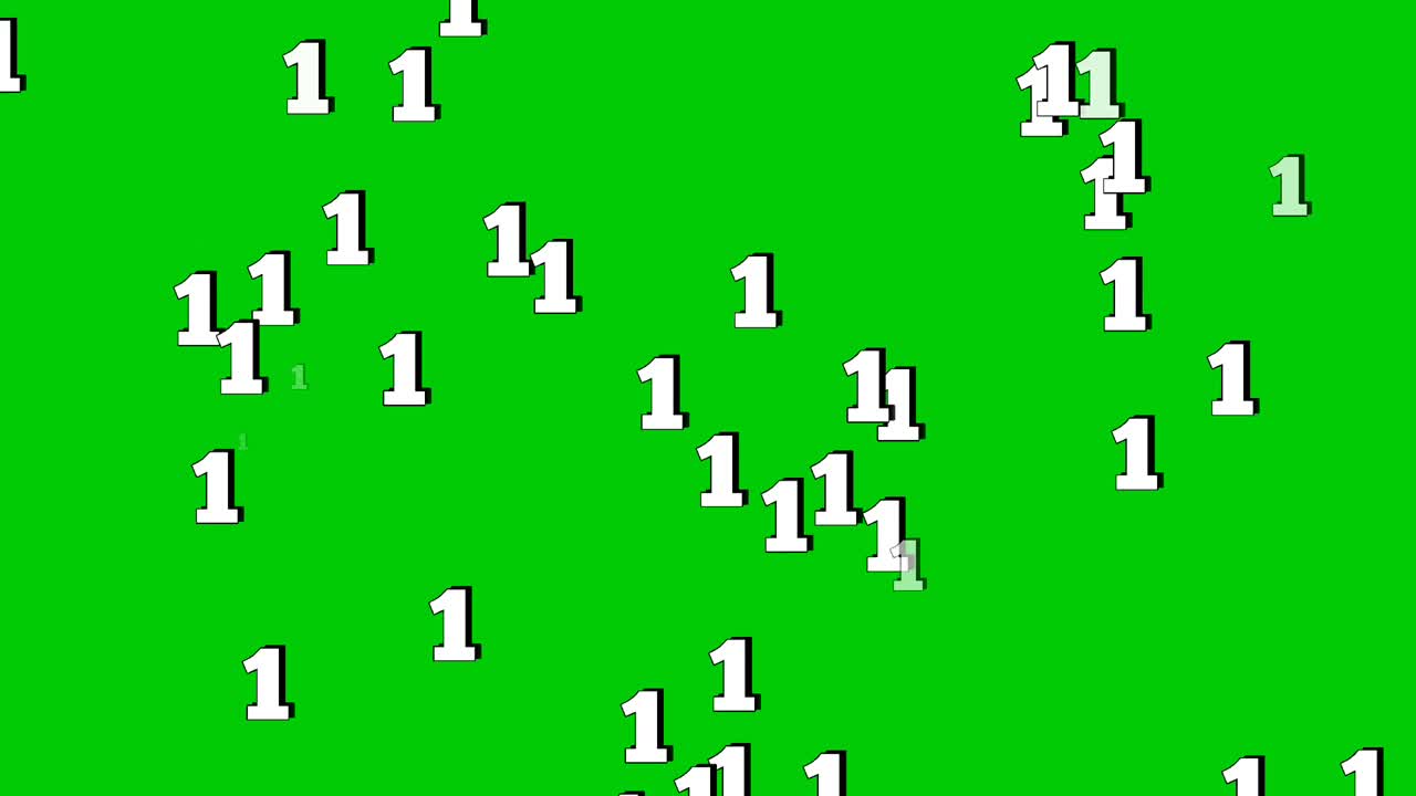 Animated numbers 1 one falling vertically like rain on a green screen background. Perfect for video editing, VFX, and motion graphics. Seamless loop included for continuous use video element
