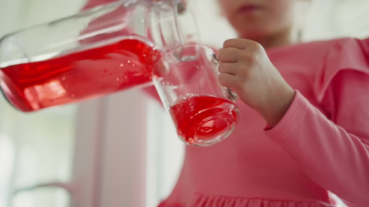 cute kid wearing pink dress pouring red juice from glass jar into clear mug spilling drink on cloth sitting by window indoors with soft blur background