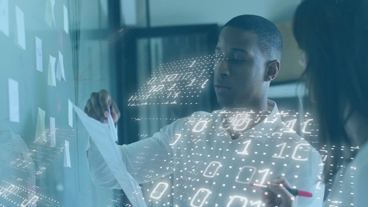 Animation of financial data processing over diverse colleagues discussing work in office