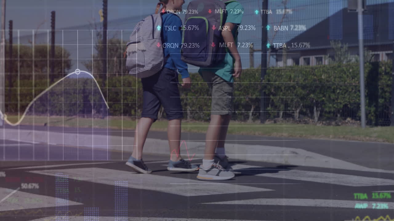 Animation of financial data processing over school children crossing road