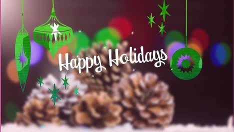 Animation-of-happy-holidays-text-over-christmas-decorations