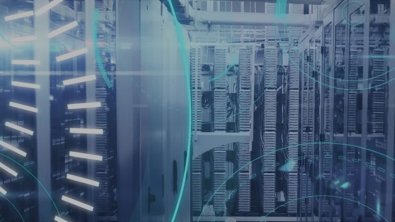 Animation of media icons over server room