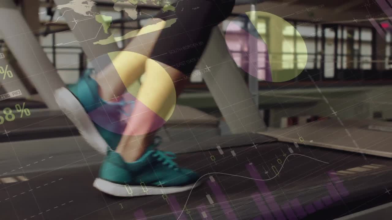 animación de estadísticas y procesamiento de datos sobre la mujer corriendo en la cinta de correr