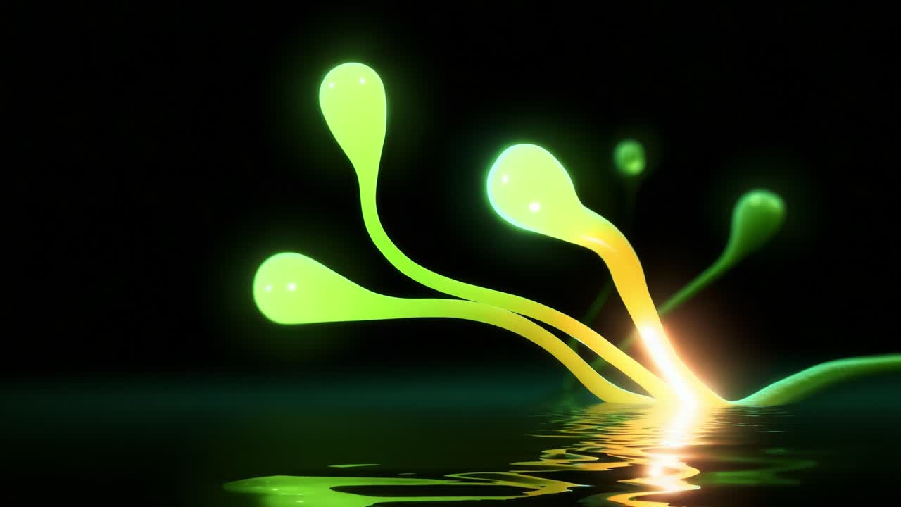 A Mesmerizing Display of Bioluminescent Forms in Water: Captivating Green Tendrils Emanating Light and Energy in a Dark Environment, Showcasing Intriguing Fluid Dynamics and Natural Beauty