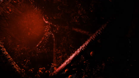 mysterious forest with red lighting and hidden shapes in the undergrowth