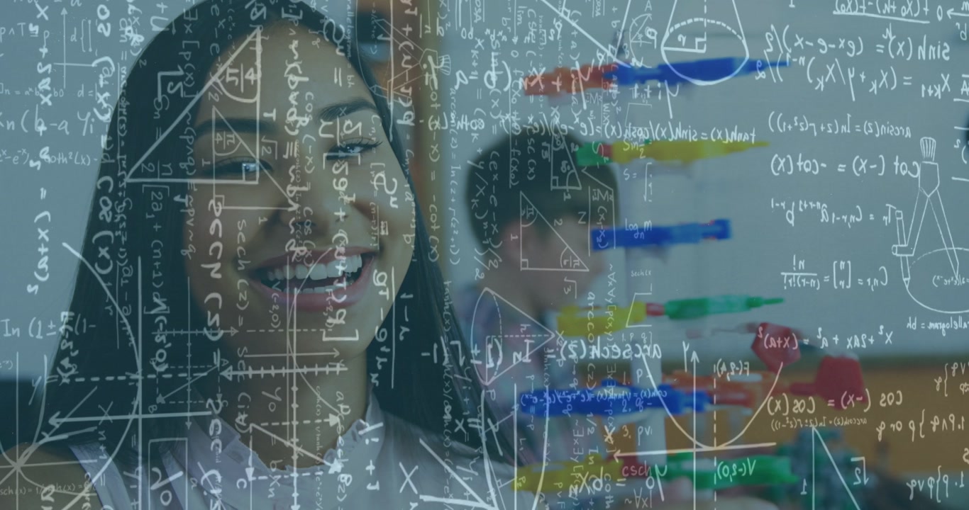 Animation of mathematical equations over woman with models in classroom