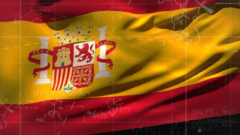 animation of mathematical data processing over flag of spain