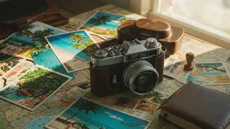 exploring the nostalgia of travel: an elegant camera overlooking vintage postcards capturing scenic destinations on a sunny tabletop landscape