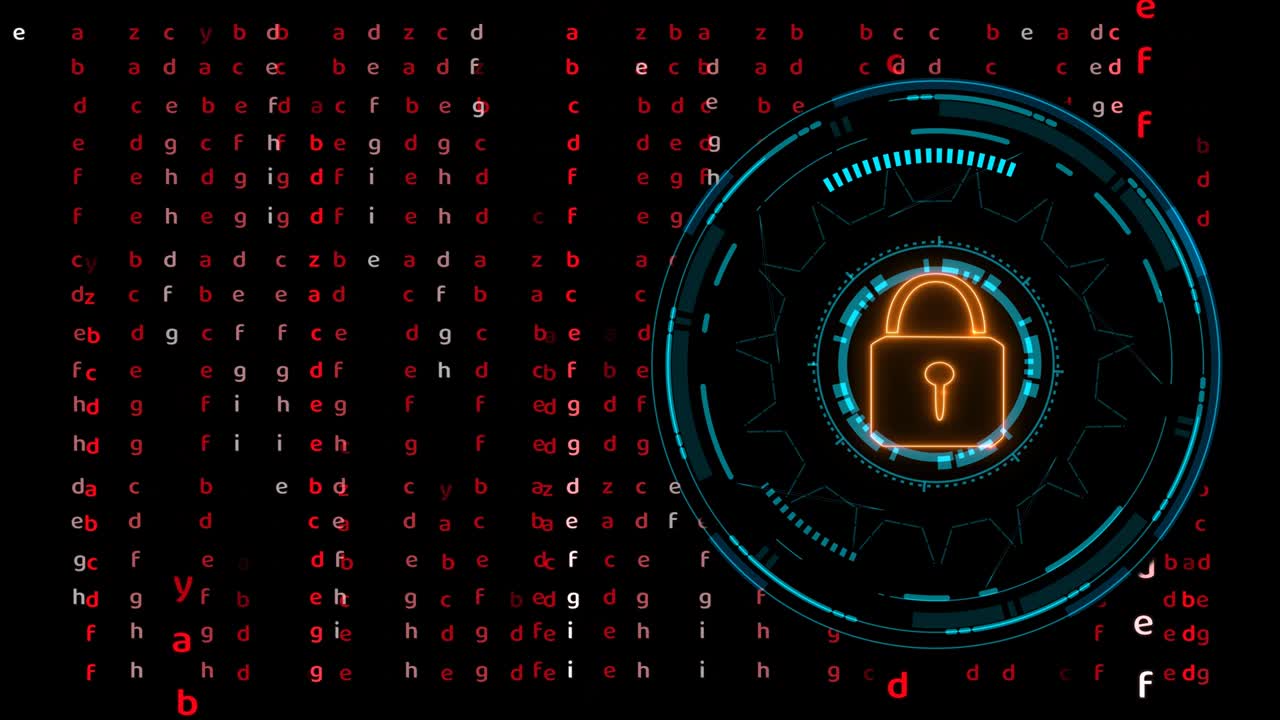 Quantum cryptography security lock matrix technology hexagon wire animation on the black screen