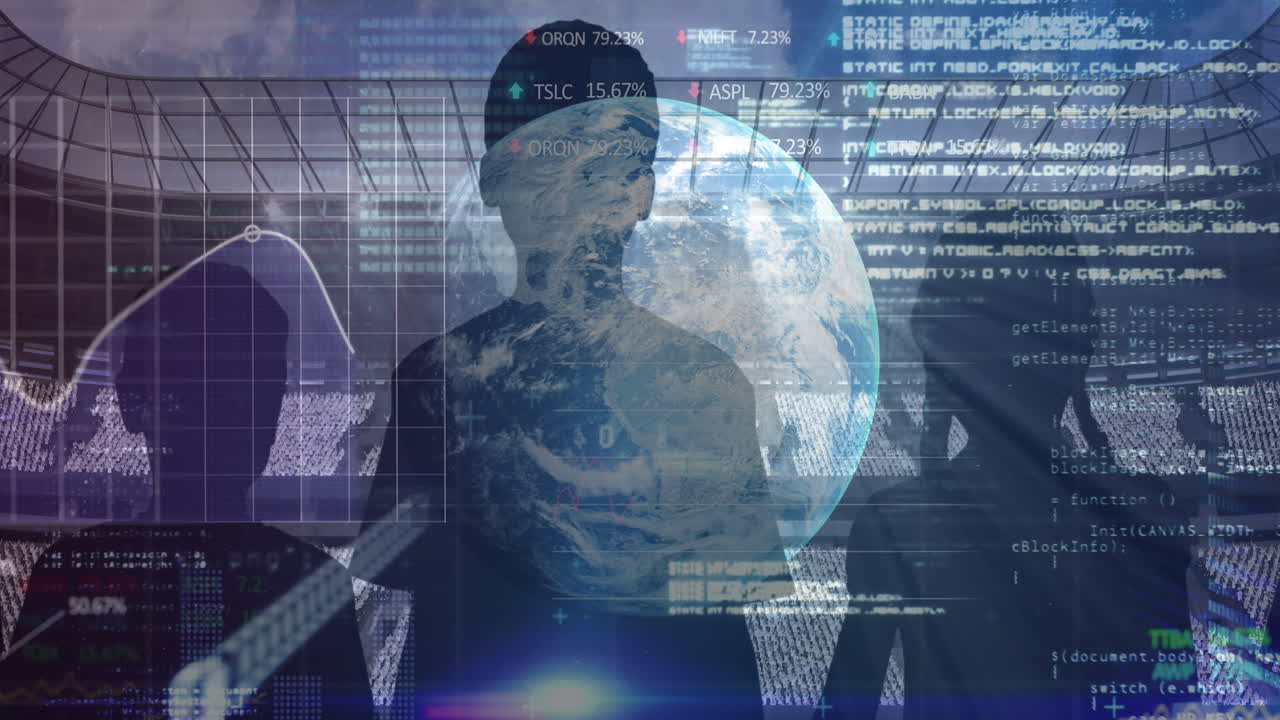 전 세계 주식 시장 데이터 처리 및 스포츠 스타디움에 대한 팬의 실루 ⁇