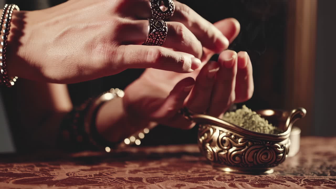 Hands preparing incense or herb