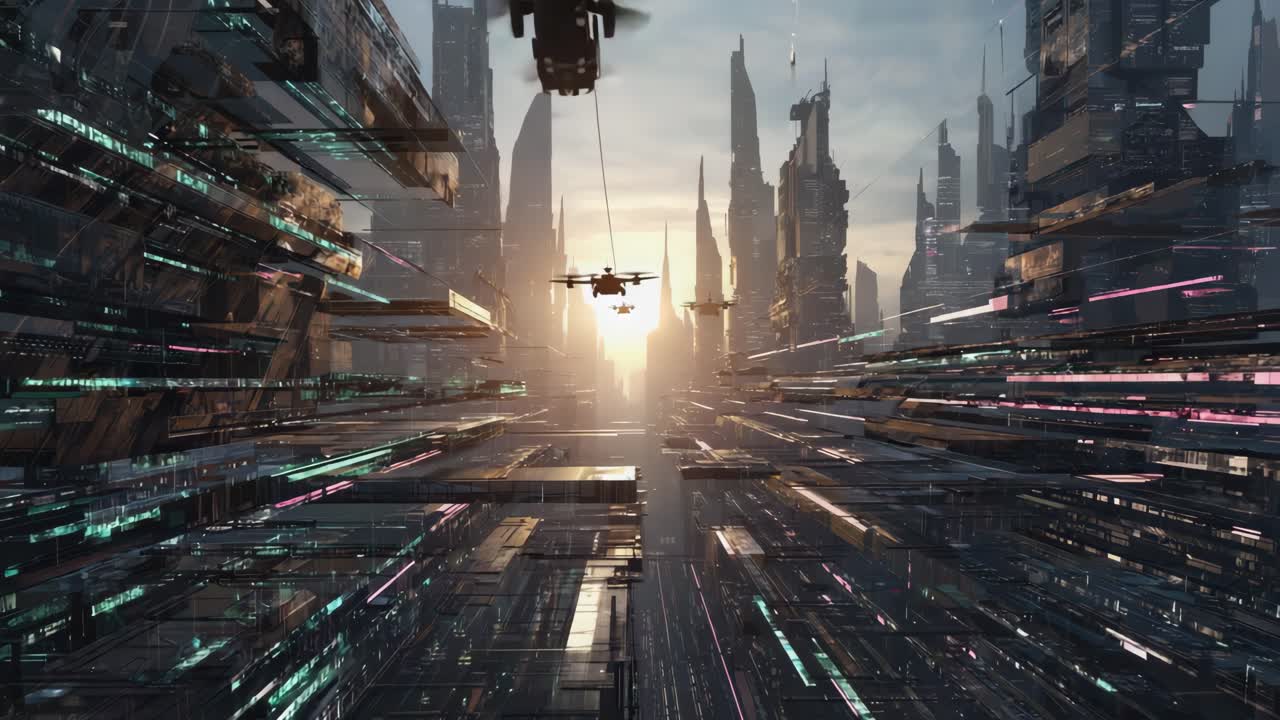 Drones Flying Through a Futuristic Cityscape at Sunset