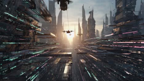 drones flying through a futuristic cityscape at sunset