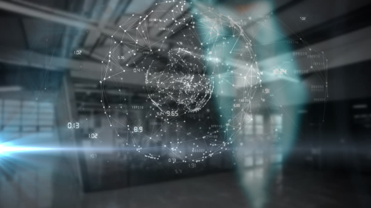 데이터 프로세싱의 애니메이션과 건물에 대한 백인 사업가