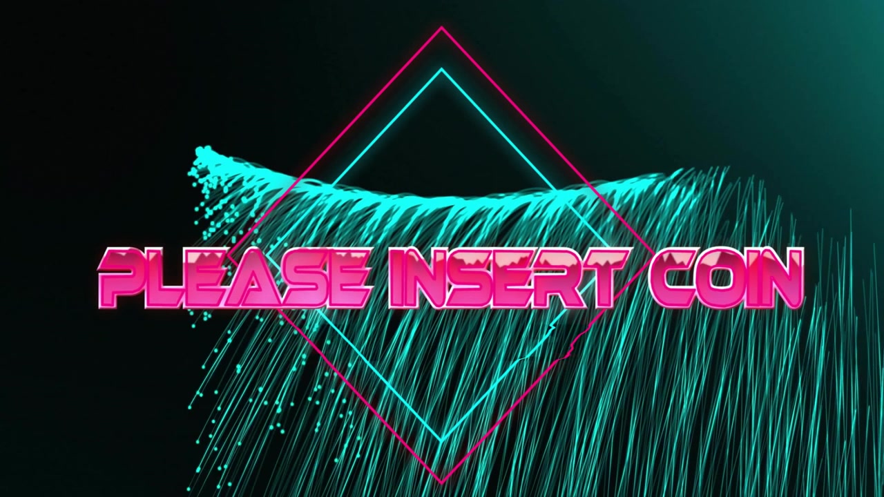 Glitch che forma la scritta al neon 'INSERIRE MONETA', un diamante ciano che si crea, con fibre intrecciate che evidenziano il prompt.