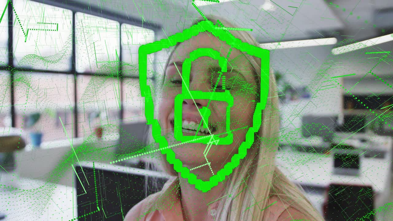 Office worker gazing toward grid window initiating green security scan unlocking padlock icon