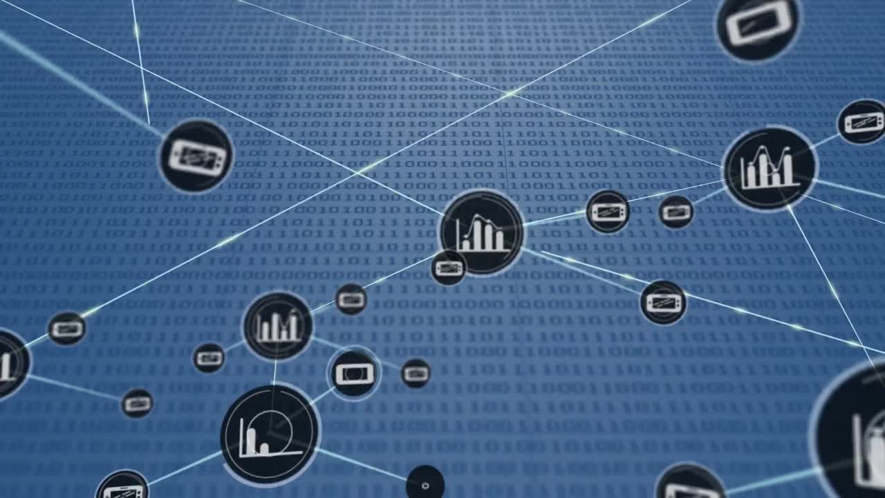 animación de la red de conexión con iconos sobre fondo azul con código binario