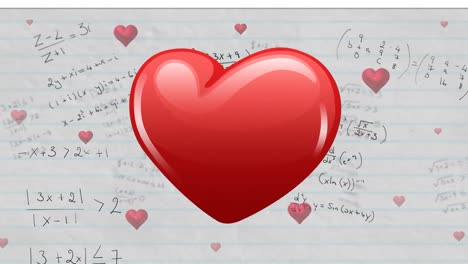 Animation-of-heart-icons-flying-over-mathematical-equations-on-white-background