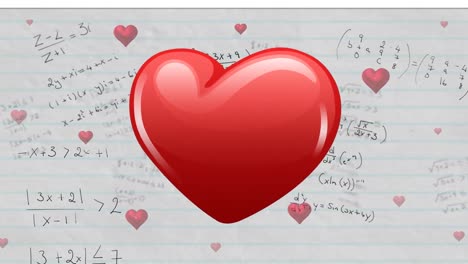 animación de iconos de corazón volando sobre ecuaciones matemáticas sobre fondo blanco