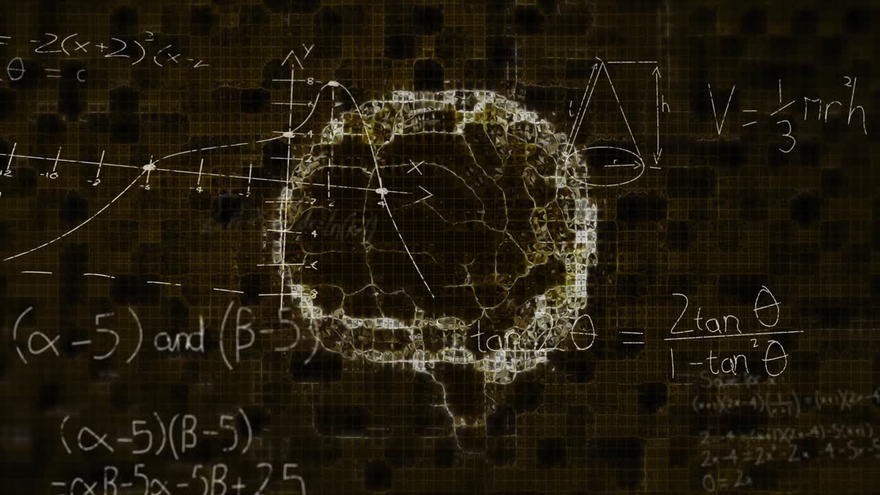 animación del cerebro girando sobre un fondo negro con fórmulas matemáticas