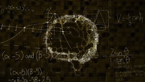 animation of brain rotating over black background with math formulas