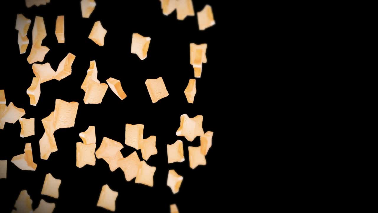 volando muchas rebanadas de pan en fondo negro. alimentos, alimentos y concepto de comer. animación 3d de rebanada de pan de trigo girando. animación de bucle.