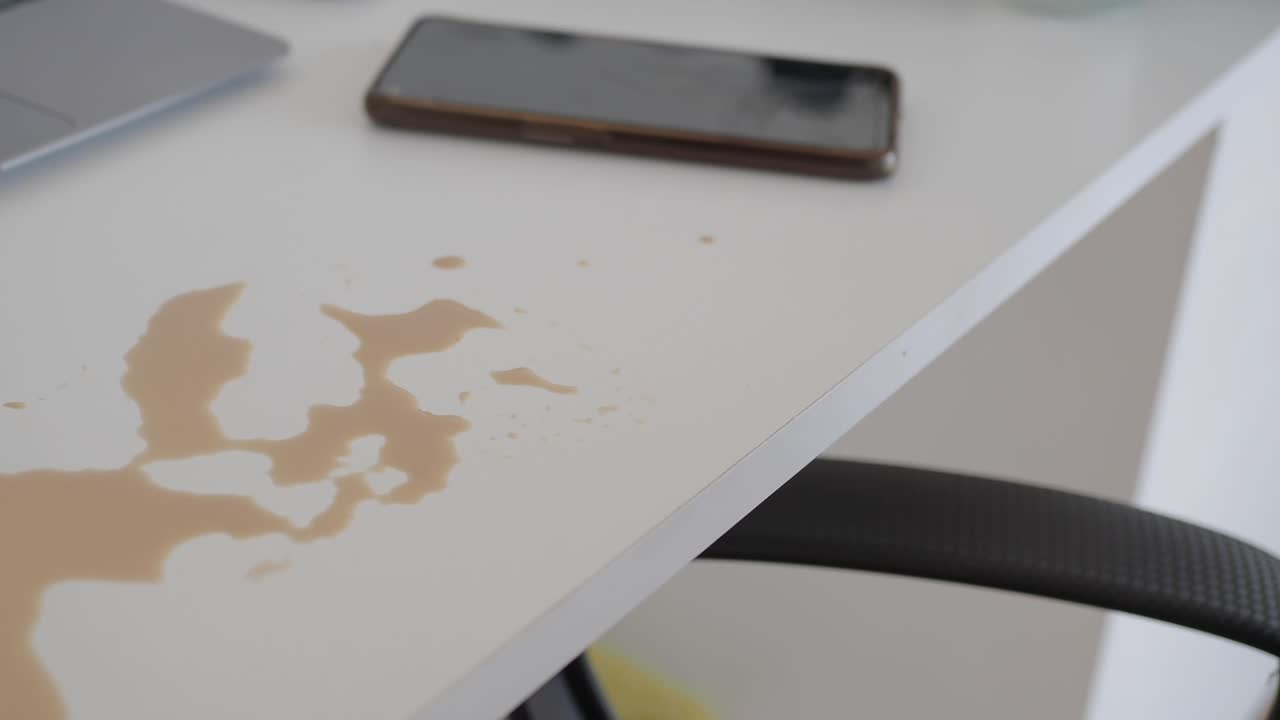 Coffee Spill on a White Desk with Laptop and Smartphone