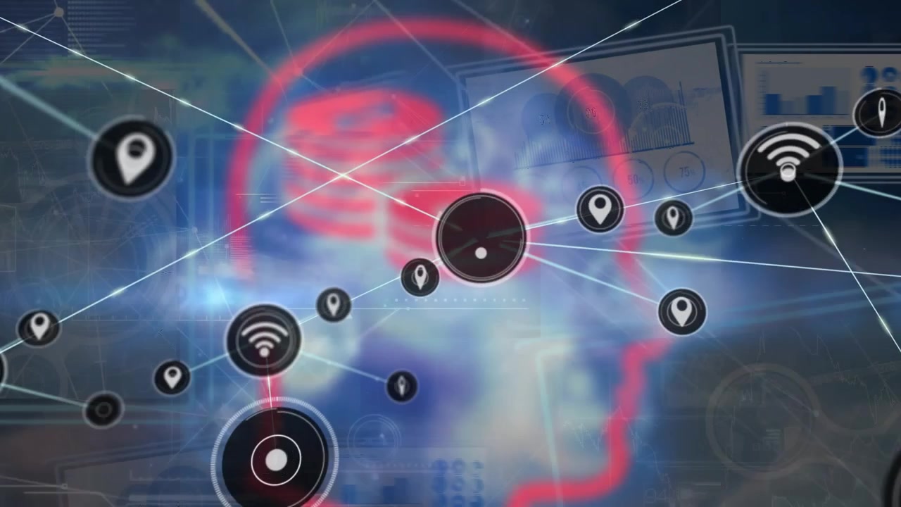 Animazione di una rete di connessioni con icone su elaborazione dati e linee viola