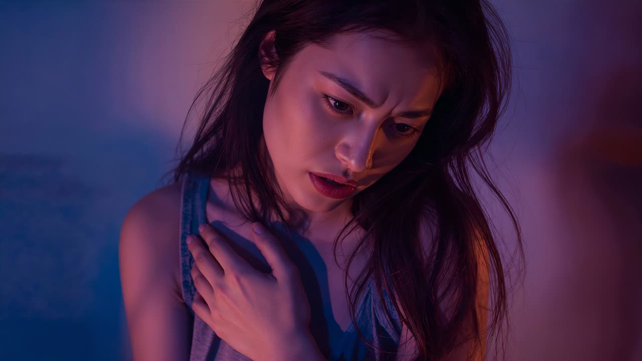 Reacting to shadow, Asian woman clutching chest in sleeveless tank against lit wall, neon lights