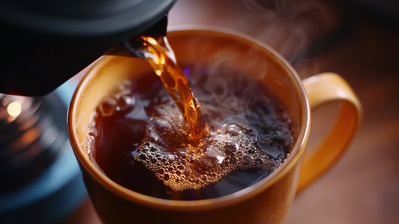 Hælder kaffe i et krus