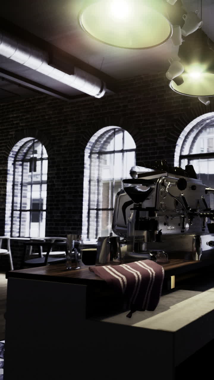 L'interno di una caffetteria mostra attrezzature per la preparazione del caffè in un ambiente moderno.
