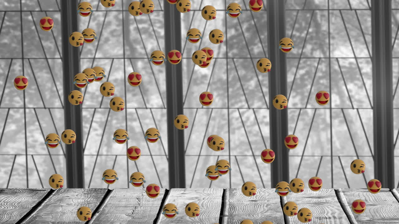 숲 속의 사무실 위 에모지 아이콘의 애니메이션