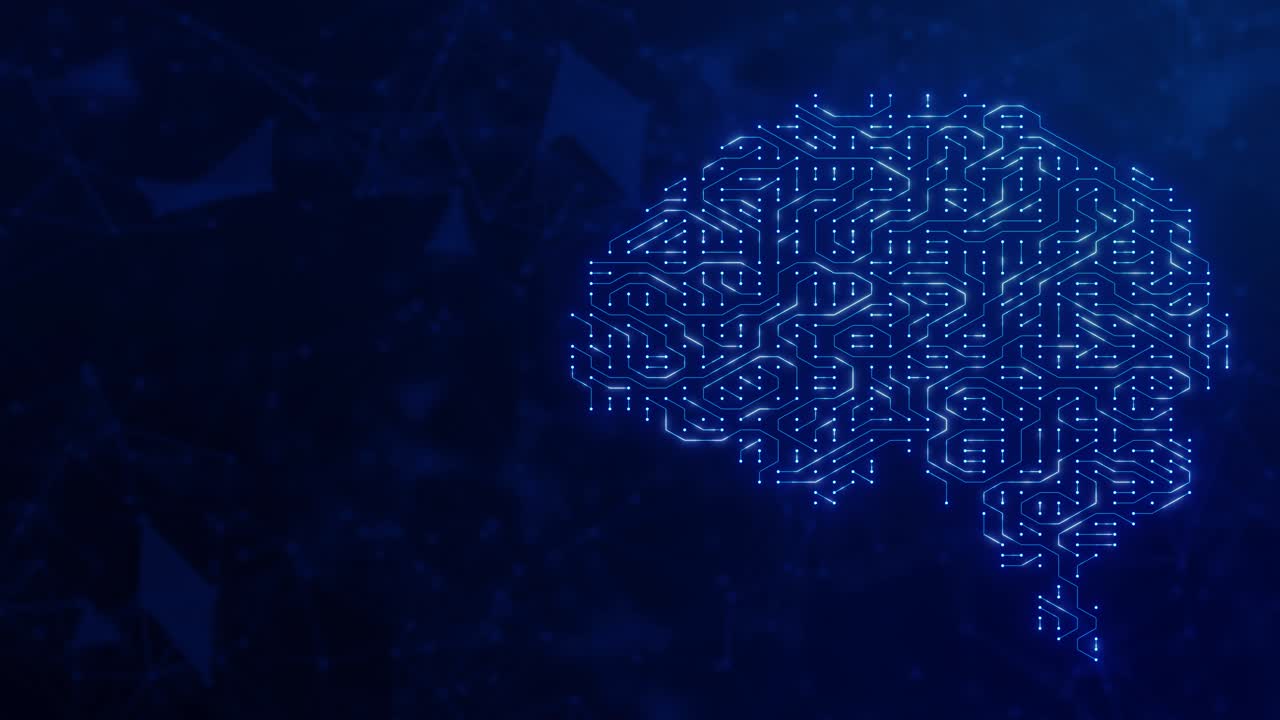 Circuit Board with moving electrons. Abstract electronic blue circuit board background. Artificial intelligence