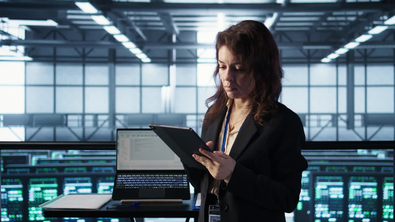 técnico en el centro de datos usando tecnología ai en la tableta