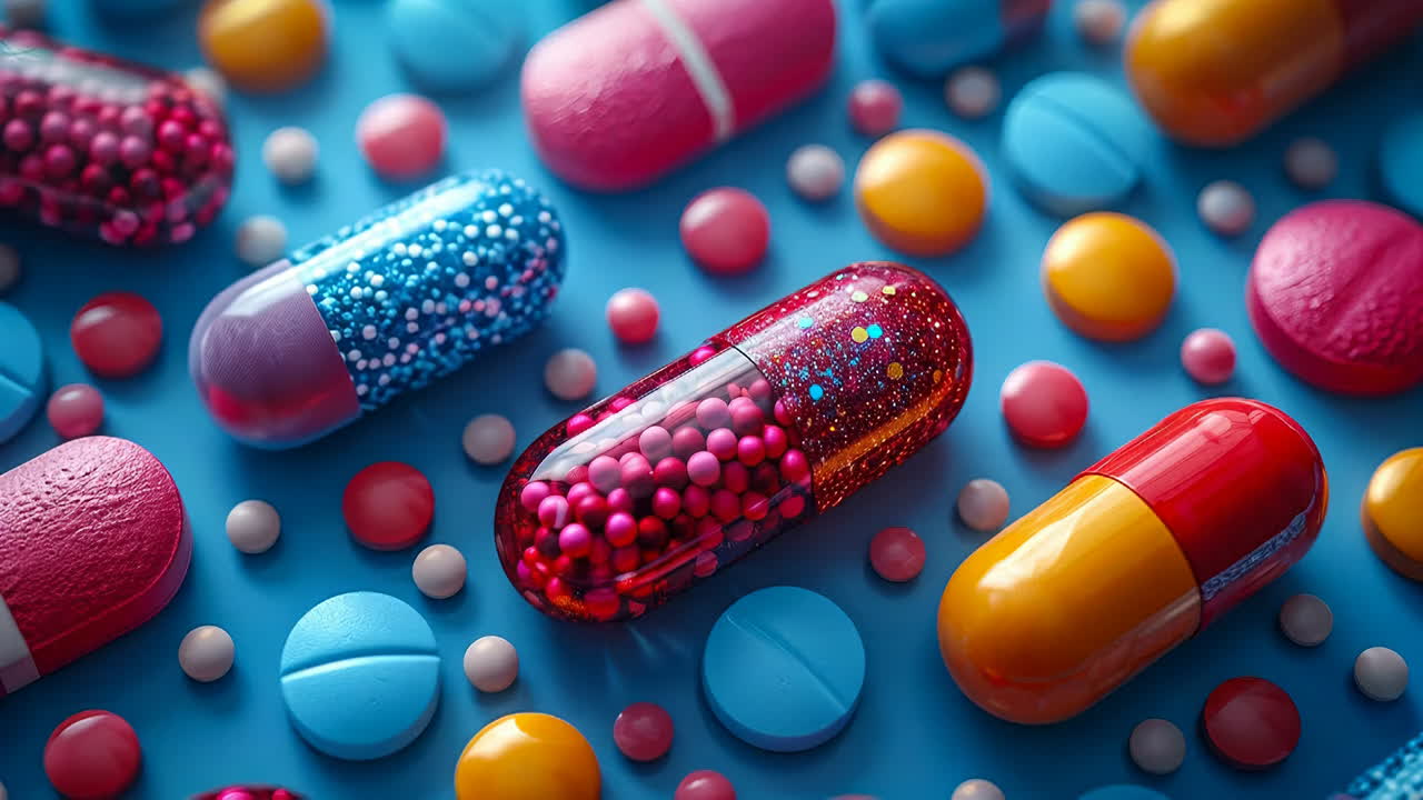 Bright pills on blue surface. Pills and capsules in various shapes and colors are scattered on a blue surface
