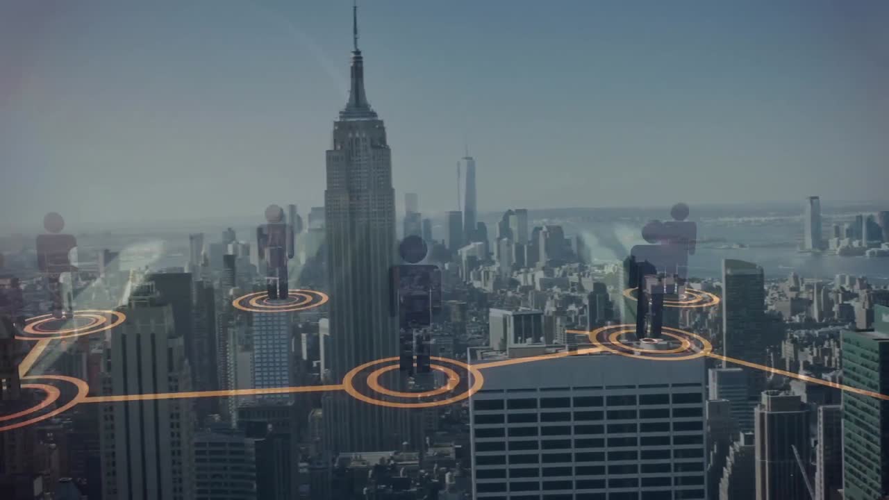 Animation of network of connections with icons over cityscape