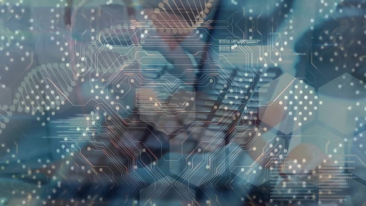 Animation of computer circuit board and dna strand over hands typing on keyboard