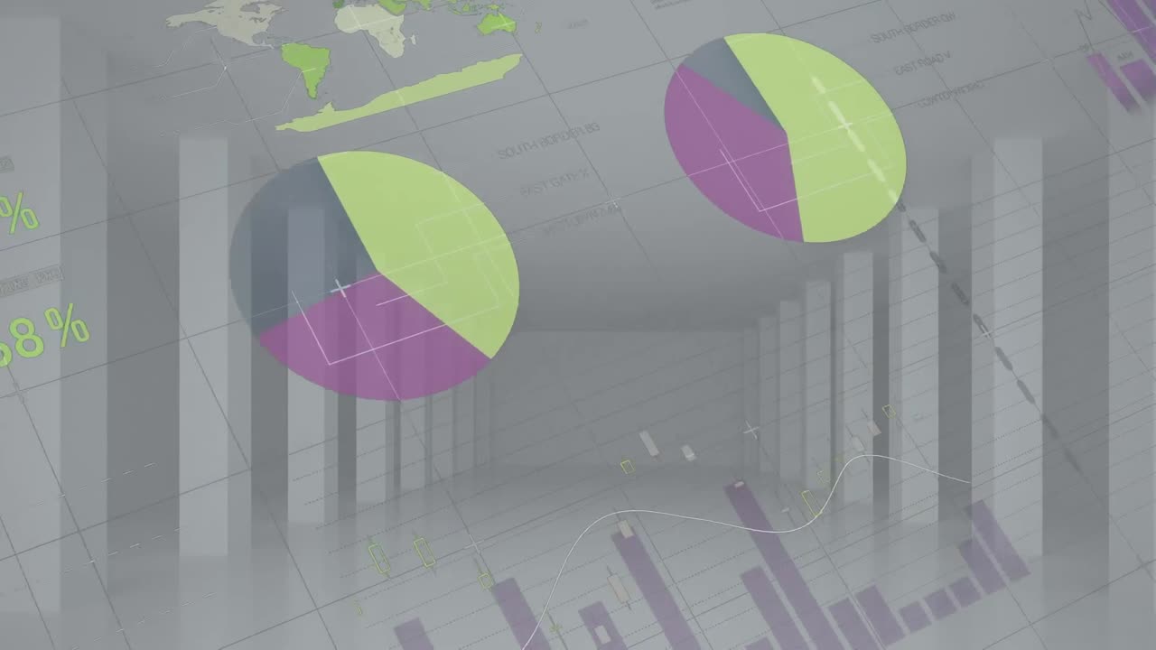 회색 배경에 비어 있는 실내에서 통계와 데이터 처리의 애니메이션