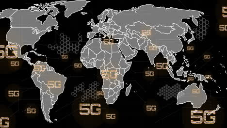 animation of 5g text, digital data processing and world map over black background