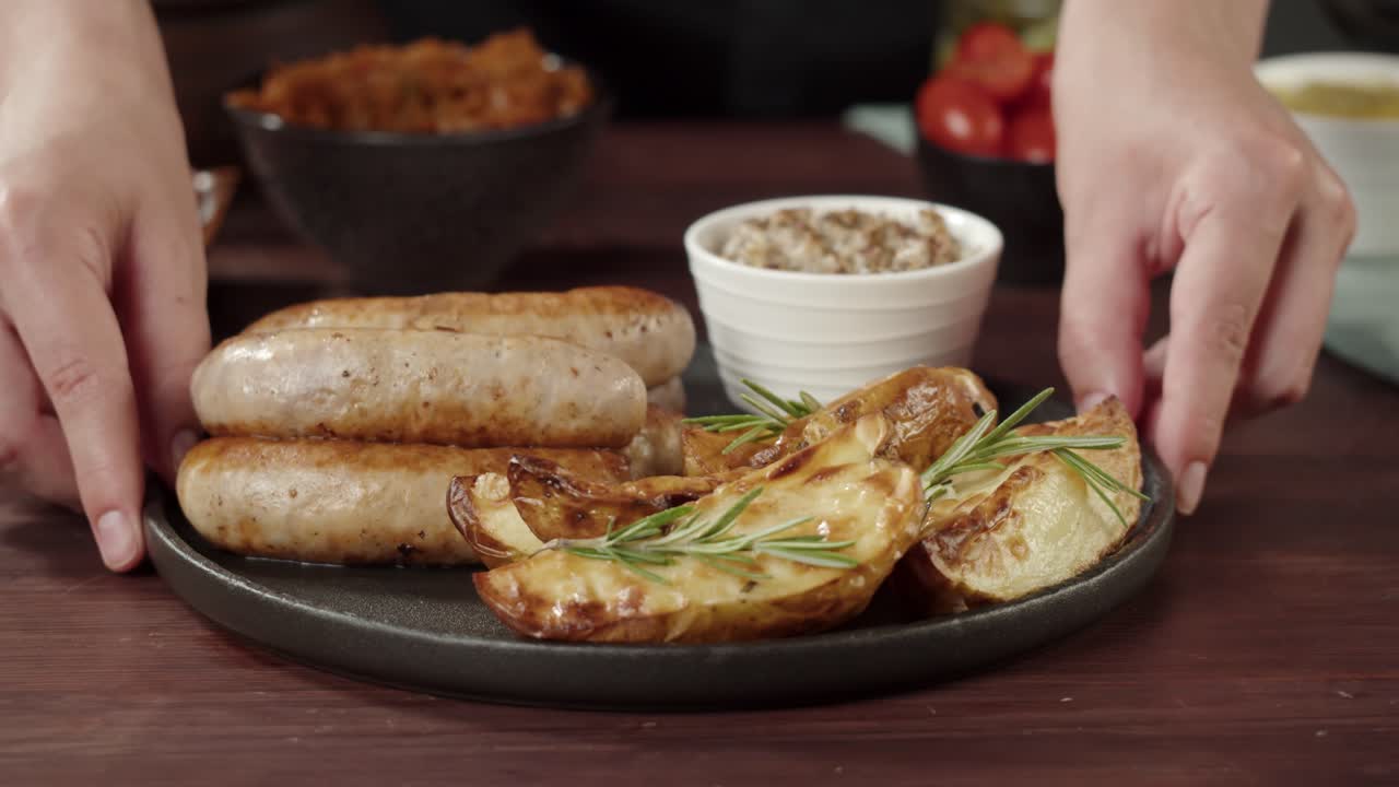 Piatto di salsicce e patate arrosto al rosmarino