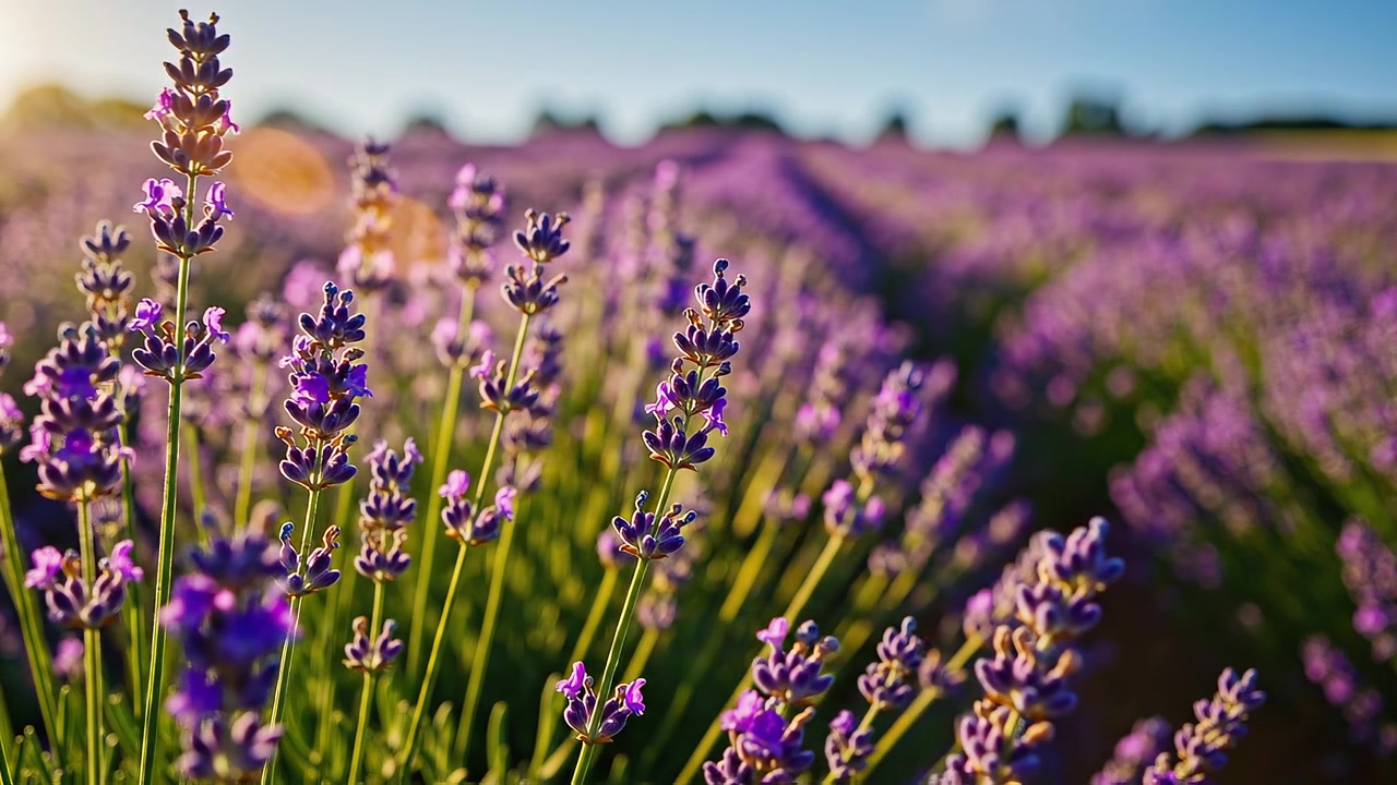 Primo piano di campo di lavanda in fiore al tramonto con luce solare dorata