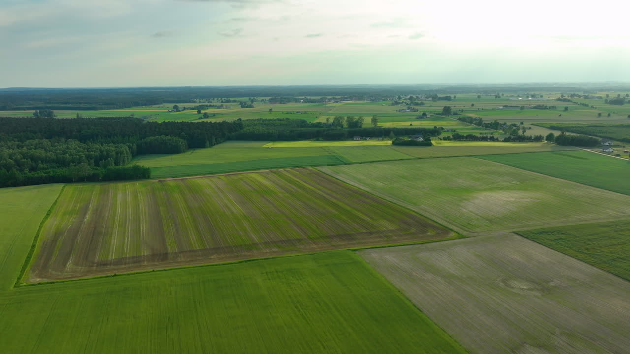 Aerial view of vast green farmlands with patches of plowed fields under a partly cloudy sky