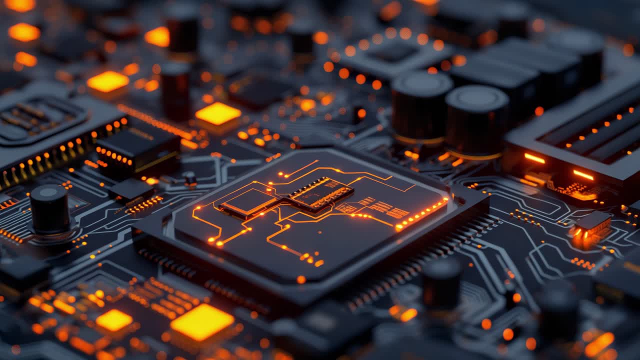 Electronic components and circuits illuminating with bright orange lights on a dark motherboard, symbolizing data processing and technological advancement