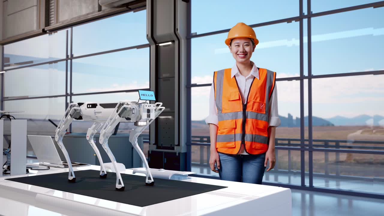 cuerpo lleno de ingeniera asiática con casco de seguridad sonriendo a la cámara mientras está de pie en una fábrica de alta tecnología, analizando el concepto de máquina robótica