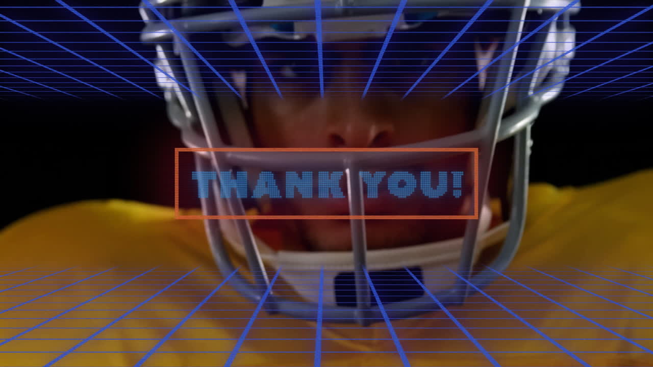Wearing helmet, American football player with THANK YOU! text and animation