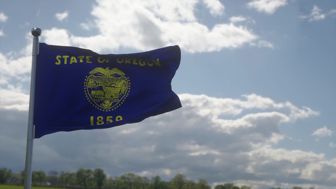bandera de oregón en un asta de bandera ondeando en el viento, fondo de cielo azul