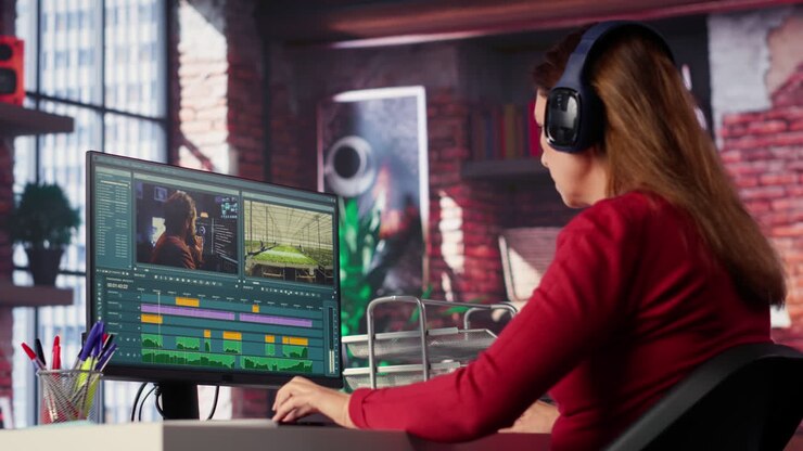 Woman working on video editing at her computer