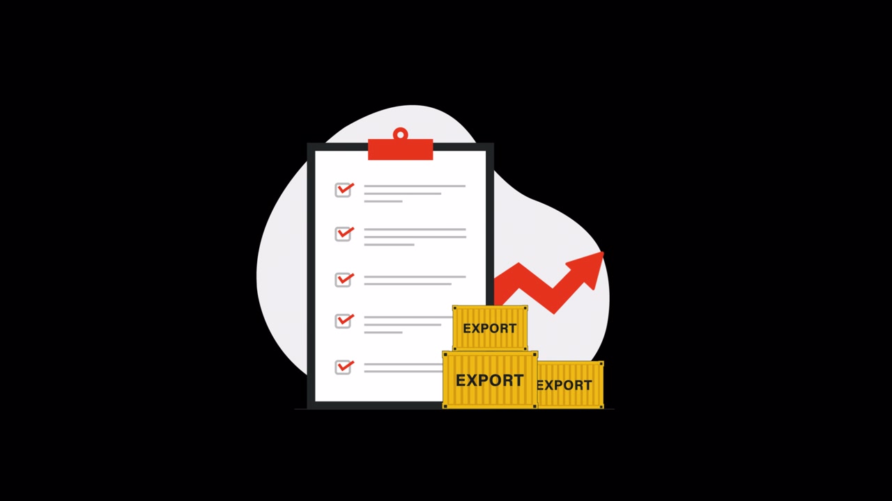 Lista di controllo animata con container di esportazione e freccia di crescita verso l'alto