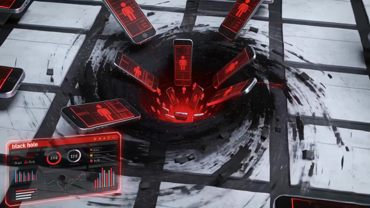 Swirl forming pulling black phones with red avatars to be consumed on tiled grid, HUD monitoring