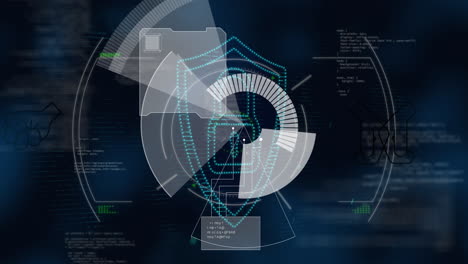 Animation of padlock and shield in abstract pattern and programming language against blue background